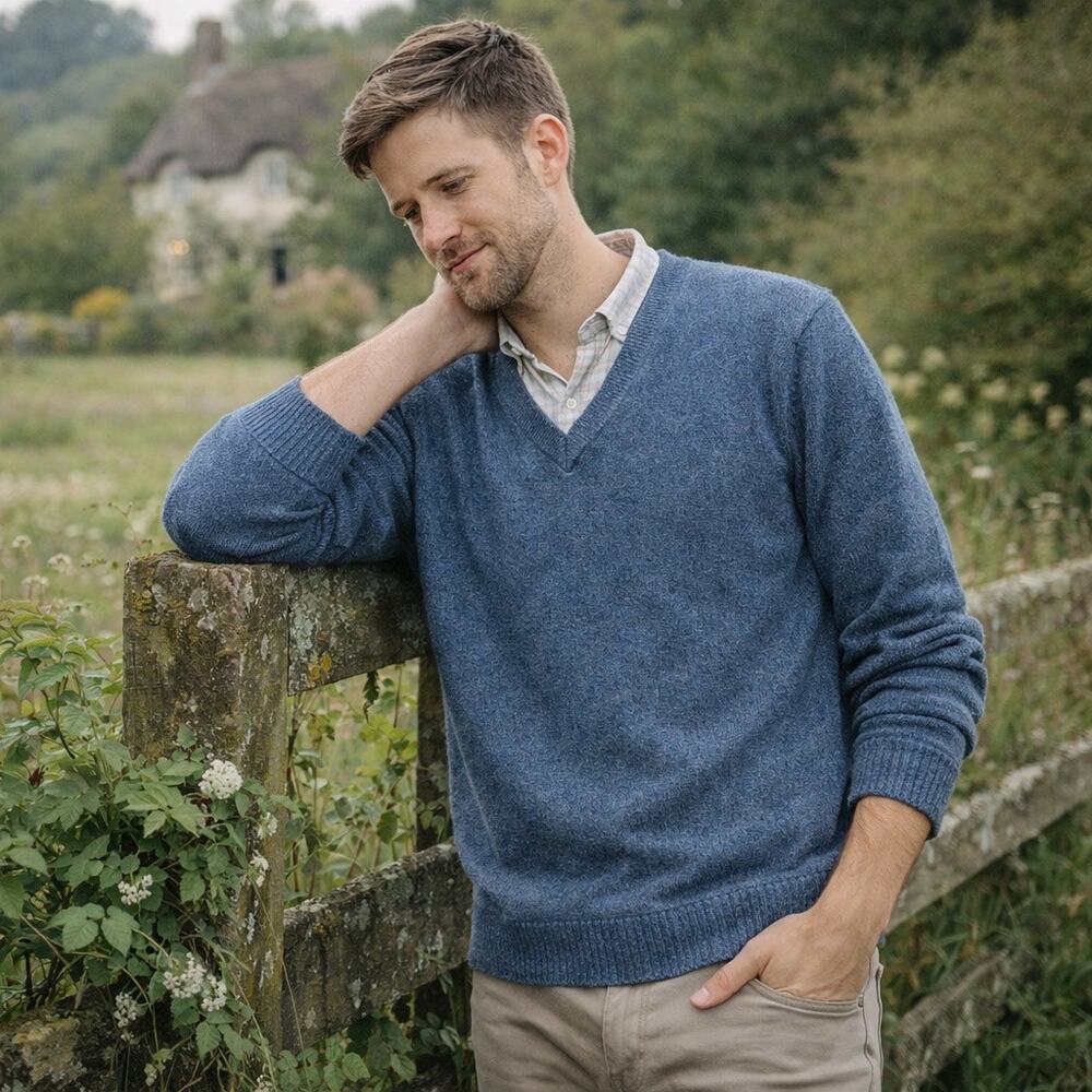 Lands End Vintage V-Neck Sweater Mens Large Blue 100% Lambswool Grandpa Cottage